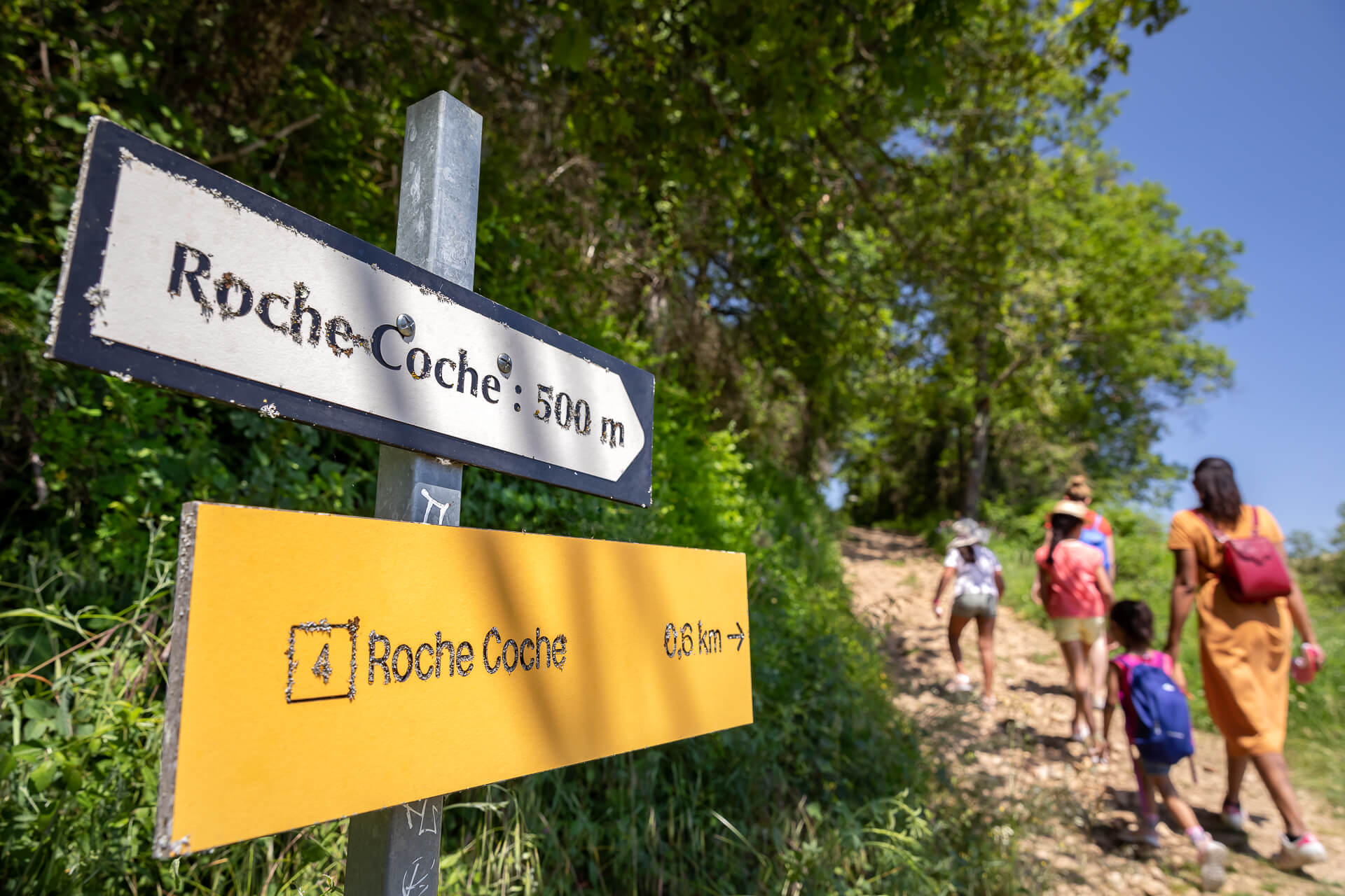 Panneaux directionnels, randonnée famille, la Roche Coche, Berzé-la-Ville, Mâconnais, Le Sud Bourgogne